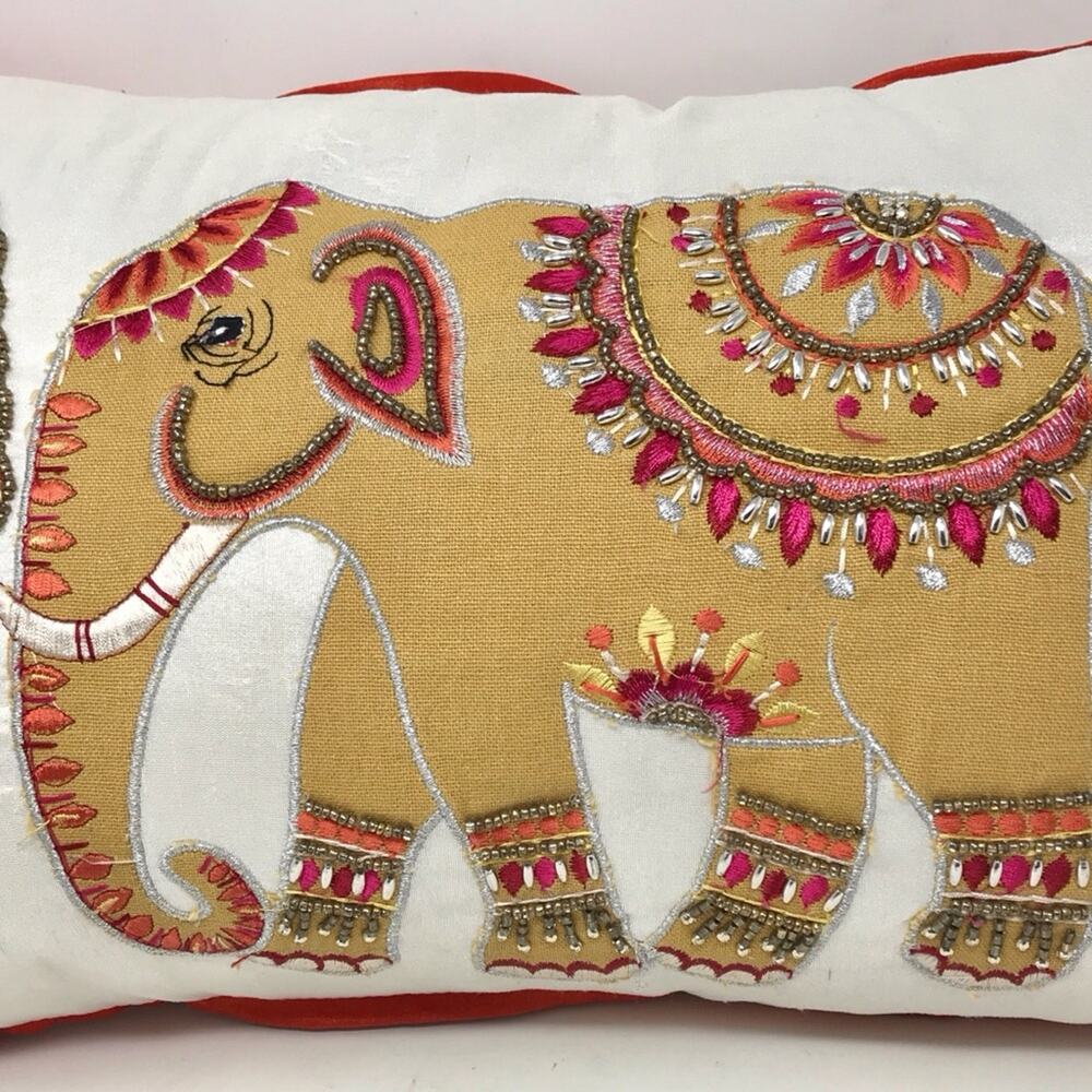 Elephant Beaded & Embroidered White Red & Beige Pillow by Atira Designs - Picture 2 of 6